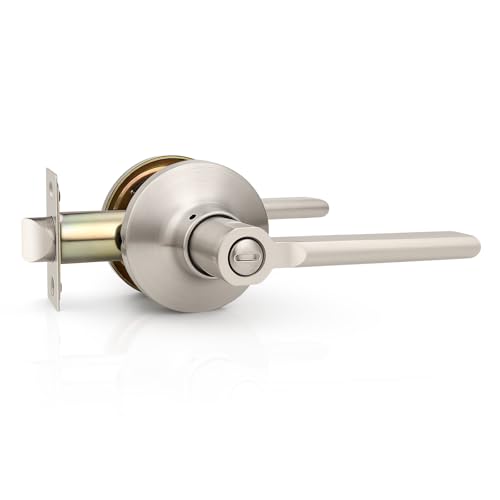 GOBEKOR 1 Pack Brushed Nickel Door Levers,Heavy Duty Privacy Door Handles with Lock,Sleek Round Interior Door Handle for Bedroom and Bathroom with No Key