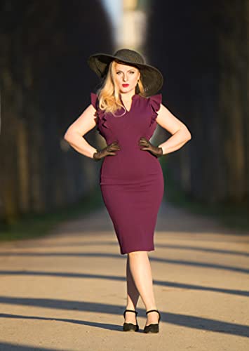 Image of Knitee Women's Vintage Ruffle Sleeve V-Neck Bodycon Evening Party Cocktail Pencil Sheath Dress
