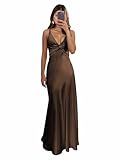 Pleated Halter Satin Bridesmaid Dresses for Women V Neck Corset Mermaid Long Wedding Guest Dress with Slit Brown Size 6