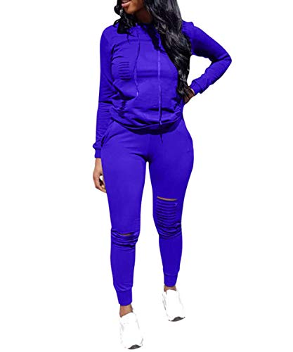 Apretty Women Jogging Suit Set, 2 Piece Outfits Ripped Hole Hoodie and Long Sweatpants Tracksuit Sweatsuit Sets Royal Blue XXL