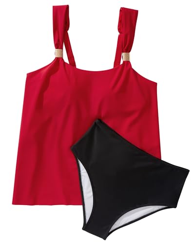 SUUKSESS Women Ruffle High Waisted Tankini Swimsuits Slimming Tummy Control Bathing Suits 2 Piece (Red Black, M)