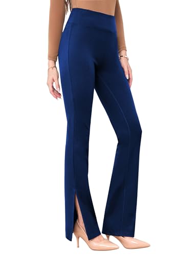 Houmous Women Bootcut Yoga Dress Pants High Waist Split Hem Flare Work Pants with Pockets Stretchy Pull On Long Pant Casual Slack(Regular-31 Inseam,Navy Blue, XL)