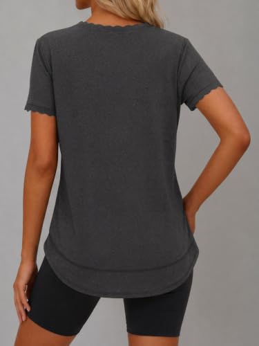 Fisoew Womens Short Sleeve T Shirts V Neck Scalloped Tunic Tops Summer Workout 2026 Trendy Casual Basic Dressy Tees Black — view 3
