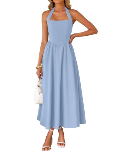 ZESICA Women's Summer Sleeveless Halter Midi Dress 2026 Off Shoulder High Waist Flowy Beach Wedding Guest Long Dresses Blue Medium