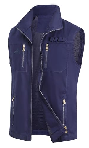MeiLayM męska kamizelka outdoorowa, lekka kamizelka wędkarska z wieloma kieszeniami, z bawełny, z kołnierzem stójką, vintage, bez rękawów, kurtka sportowa, na polowanie, fotografię, wędrówki, kemping