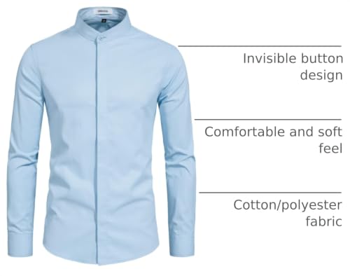 VANCOOG Men's Mandarin Collar Casual Button Up Shirt, Light Blue, 2XL — view 4