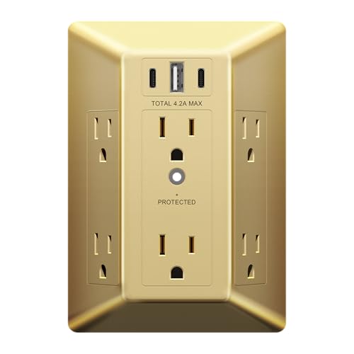 LIDER 6 Outlet Surge Protector Extender, 20W, 1500 Joules, Matte Gold
