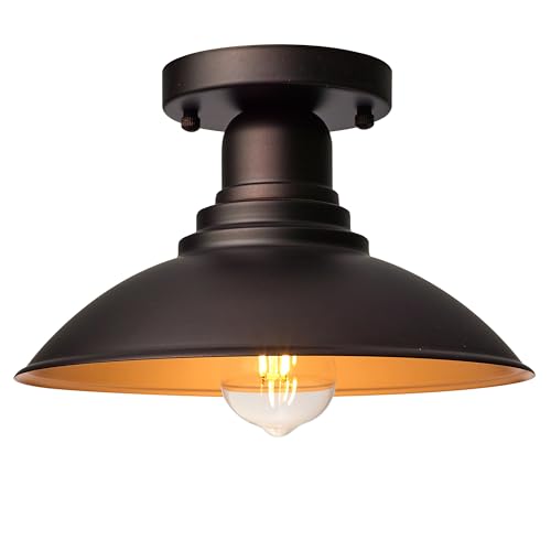 Image of GOLDHILL 10.5 inch Low Profile Semi Flush Mount Ceiling Light, Modern Farmhouse Metal Fixture with Gold Interior, Damp Rated Outdoor Porch Light for Bathroom & Hallway