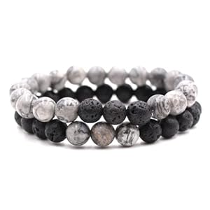 2Pcs Matte Lava Rock Volcanic Stone Beads Stretch Bracelet 8mm Volcanic Rock Aromatherapy Essential oil Diffuser Bracelet Tiger Eye Seed Energy Yoga Bracelet Healing Aromatherapy Jewelry