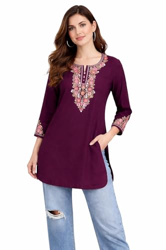 Image of HAUTEMODA Women Cotton Floral Embroidered Short Kurti, Tunic, Three-Fourth Sleeves, White