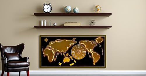Image of METSYMetal Laser Cut (World Map with Analogue Clock) Wall Hanging Gold World map (Black & gold 5 * 2.5) gold lightening black and golden map wall decor for living room