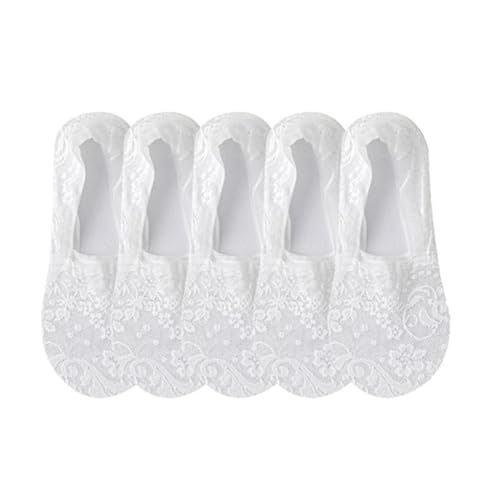 KIASRZN New Women's Lace Flower Cotton Bottom Invisible Socks,Women's No Show Lace Low Cut Socks (5 Pairs White,One Size)