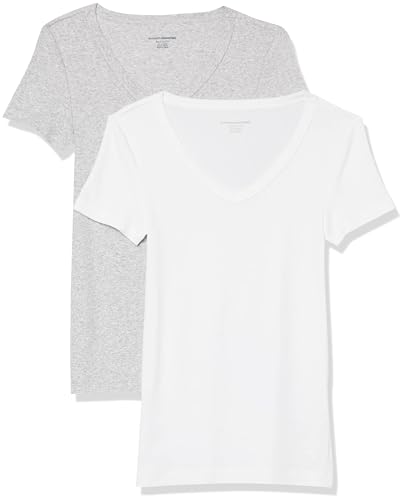 Amazon Essentials Damen Basic V-Ausschnitt T-Shirt mit Kurzen Ärmeln, Schmale Passform, 2er-Pack, Weiß/Hellgrau Meliert, XXL