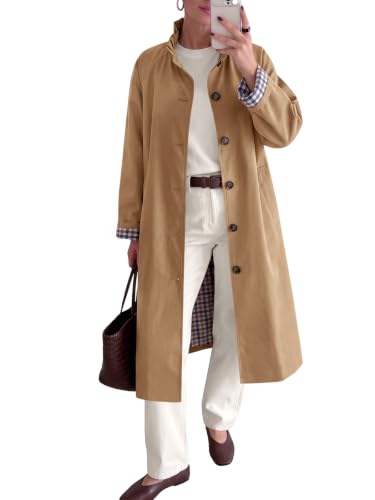 Image of Tankaneo Womens Trench Coat Ruffle Collar Plaid Lining Long Jacket
