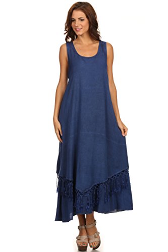 Sakkas 15222 - Emma Relaxed Fit Scoop Neck Double Layered with Fringe Tank Dress - Blue - S M