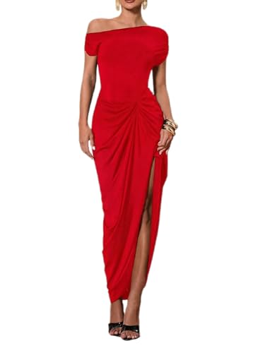 Floerns Women's Elegant Long Dress Asymmetrical Off Shoulder Ruched Slit Bodycon Cocktail Dresses Hot Red Medium