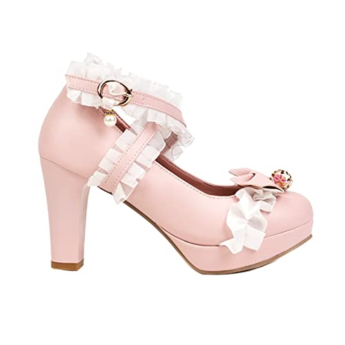 Image of FOREADA Lolita Shoes Platform Mary Jane Heels Kawaii Bow Lace Pearl Pumps | Vintage kawaii lolita styling ideal for dresses, with bead, lace, bow, ankle strap, pink, white and classic black colors