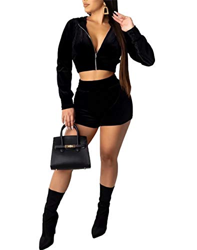 Womens 2 Piece Sexy Outfits Velvet Zip Up Hoodies Jacket Shorts Pants Tracksuit Set Black
