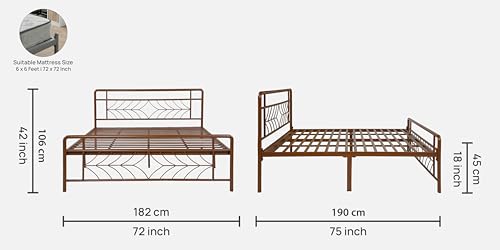 Image of Vara Metal King Size Bed Without Storage | Wrought Iron Double Bed with Headboard & Footboard | Sturdy Powder Coated Platform Bed King Size Cot for BedroomLivingRoom Brown (75x72)