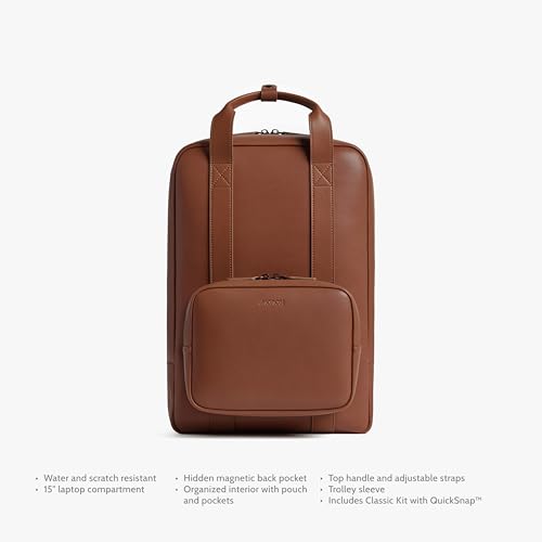 Image of Monos Metro Backpack Vegan Leather - Water-Resistant Microfiber Travel Backpack with Laptop Compartment | Modular QuickSnap Front Kit, Hidden Anti-Theft Pocket | 18L Carry-On Bag | Mahogany