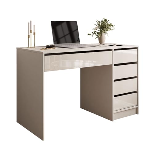 Lookway Schreibtisch MADA Gloss mit Schubladen – Elegantes Design in Hochglanz Weiß oder Kaschmir, praktisch für Arbeit, Lernen und Organisation (Kaschmir/Kaschmir Hochglanz)