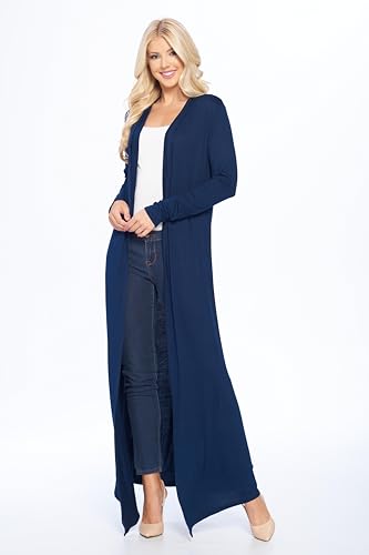 Image of Isaac Liev Women's Maxi Cardigan - Casual Long Flowy Open Front Floor Length Drape Lightweight Duster Sweater Made in USA Navy