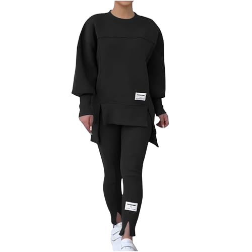 NSICBMNO Black Womens Tracksuit Set 2 Piece Outfits Oversized Sweatshirts Gym Leggings Airport Out Long Jumpers Split Hem Trousers Casual Co Ord Sets Winter Lounge Wear Sets For Gym Sports Travel