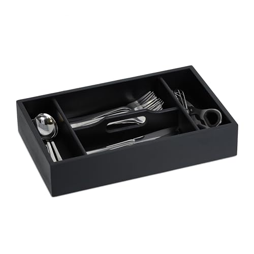 Relaxdays Cubertero Cajón con Asa, Organizador Cubiertos 4 Espacios, Clasificador Utensilios, Bambú, 7x37x23cm, Negro, Madera