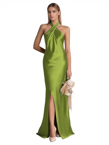 Halter Satin Bridesmaid Dresses for Women Long Backless Summer Wedding Guest Dress with Slit L01019