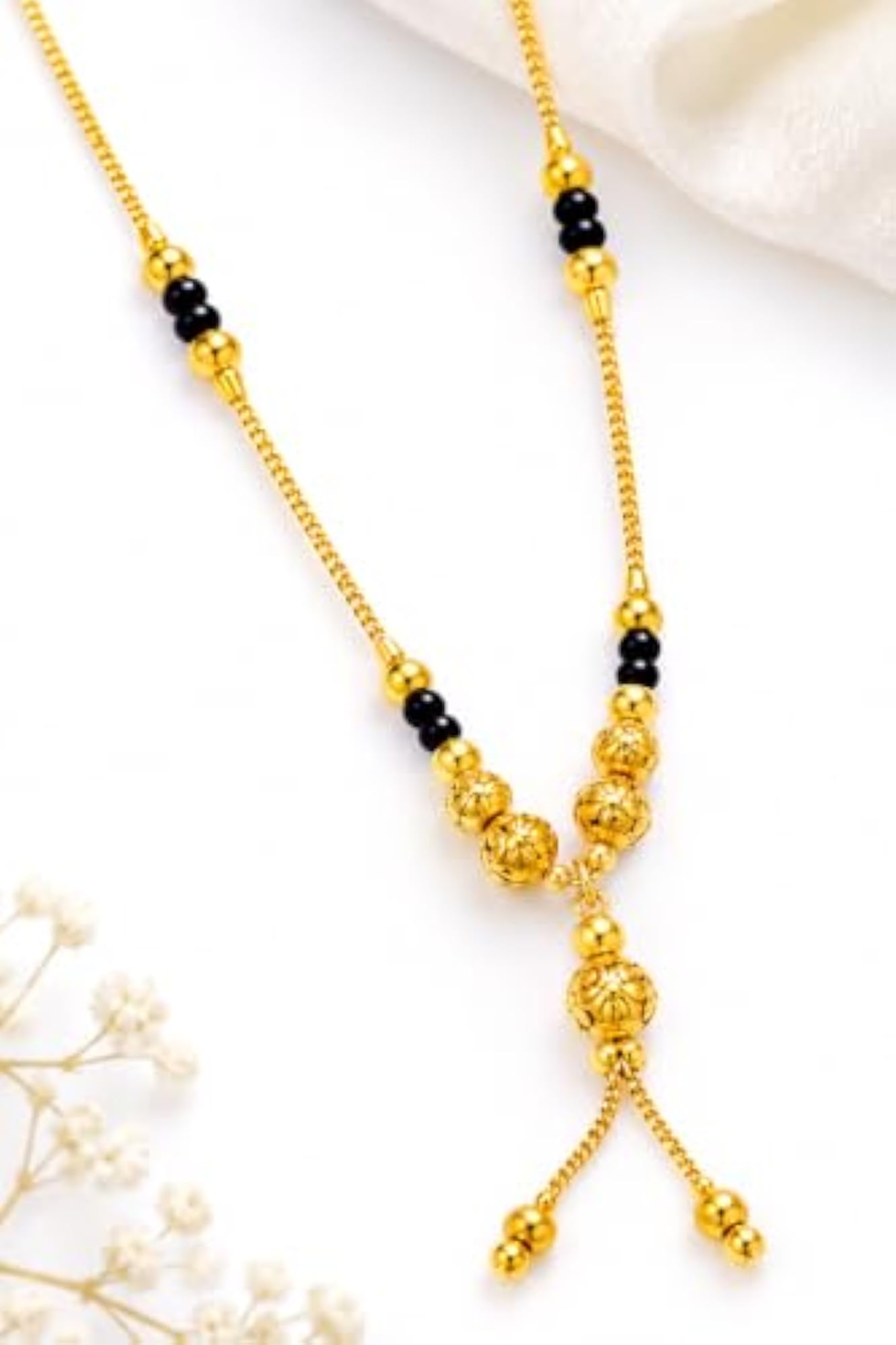 Women's Long Mangalsutra with Black Beads and Gold Tone Chain
