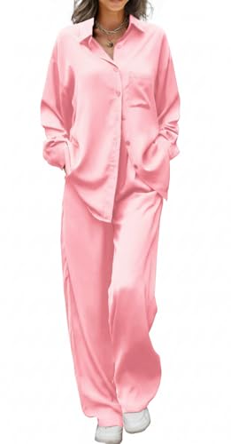 Image of Ekouaer Womens Satin Silky Pajama Set 2 Piece Print PJs Soft Loungewear Button Down Sleepwear with Elastic Waist Long Pants
