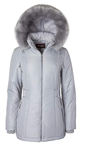 Women's Midlength Down Alternative Puffer Coat Fur Trim Plush Lined Detachable Hood - Pewter (Medium)