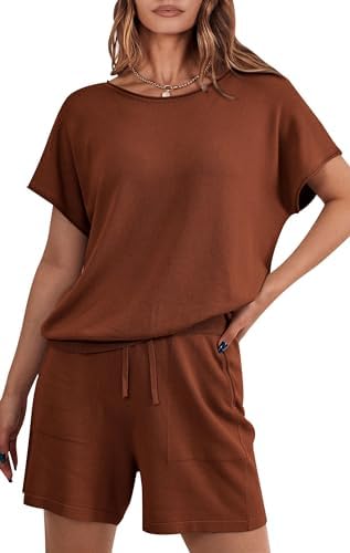 PRETTYGARDEN Two Piece Set for Women Summer Lounge Sets Shorts And Short Sleeve Tops Knitted Matching Travel Spring Outfits