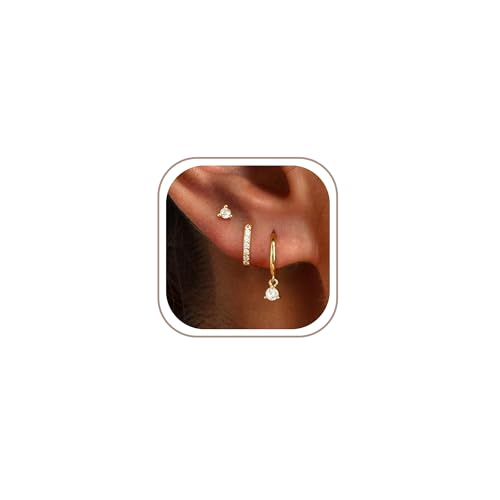 Freekiss Gold Hoop Earrings Set 3 Pairs - 14K Gold Plated Hypoallergenic Small Hoops, Dainty Stud...