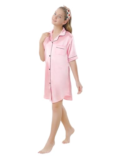 Schbbbta Girls & Women Silk Nightgown, Short Sleeve Button Down Satin Nightshirt Pajama House Dress, 3 Years- Women 2XL3