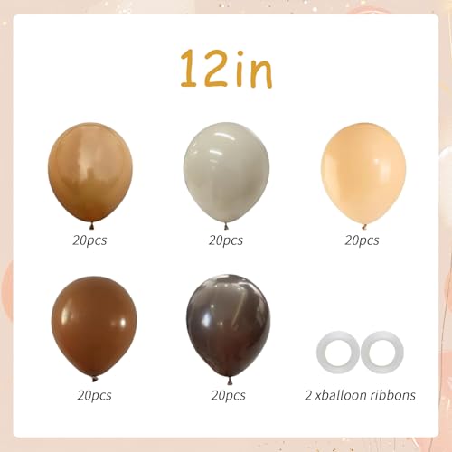 Image of 100pcs Brown Balloons Set - 12 Inch Dark Brown, Coffee, Sand White & Neutral Balloons for Boho, Safari, Cowboy, Bridal Baby Shower, Graduation Party Decoration (with 2 Ribbons)