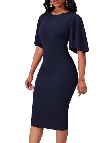 Image of WanMem Womens Basic Bodycon Ruffle Flared Short Sleeve Pencil Midi Dress