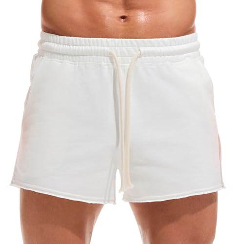Image of Amy Coulee Mens Cotton 3 Inch Gym Shorts with Pockets(White, M)