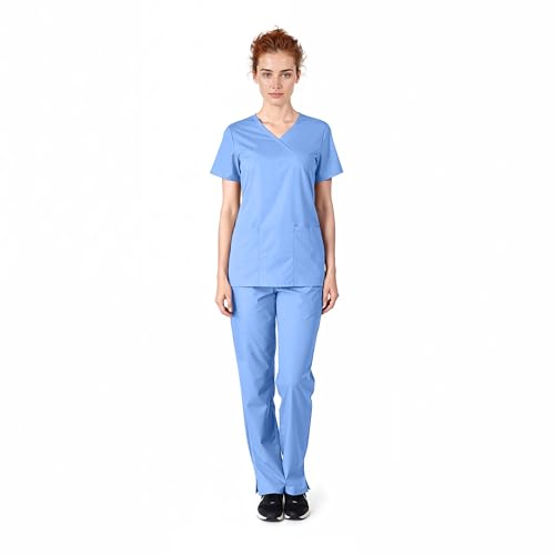 Natural Uniforms Women's Mock Wrap Scrub Set (Ceil Blue) (Small)