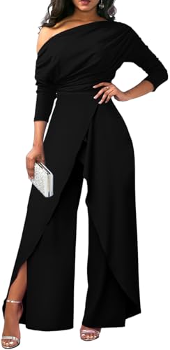 DinyIn Sexy Black Jumpsuits for Women Dressy Plus Size Long Sleeve Party Rompers Formal Off The Shoulder Club Wide Leg Pants,33Black_X-Large