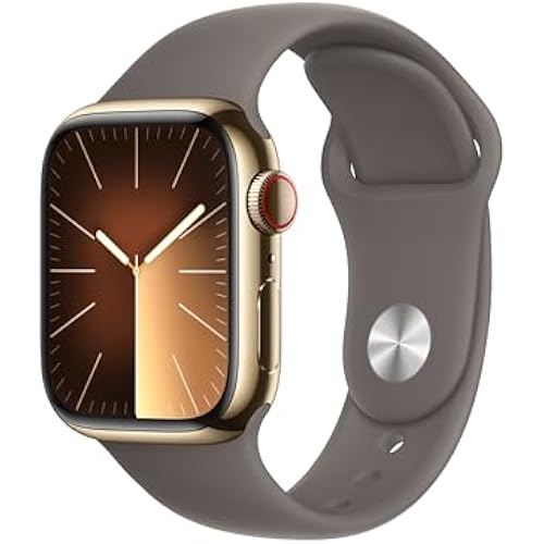 Apple Watch Series 9 [GPS + Cellular, 41mm] - Gold Stainless Steel Case with Clay Sport Band, S/M (Renewed)