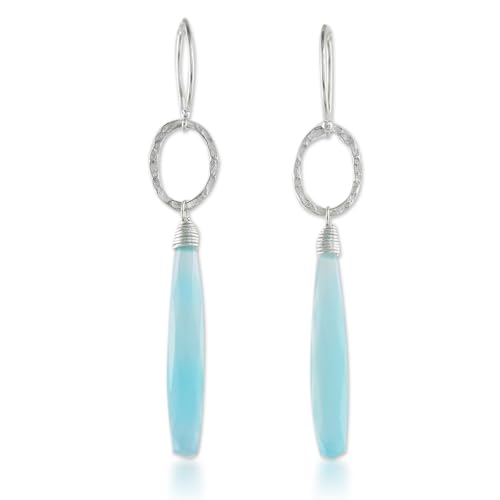 NOVICA Artisan Crafted Sterling Silver Hammered Dangle Earrings | Chalcedony Gemstone | French Wire Finding | Hypoallergenic Jewelry | Lead & Nickel Free | Thailand ' Exhilarated' 2.4