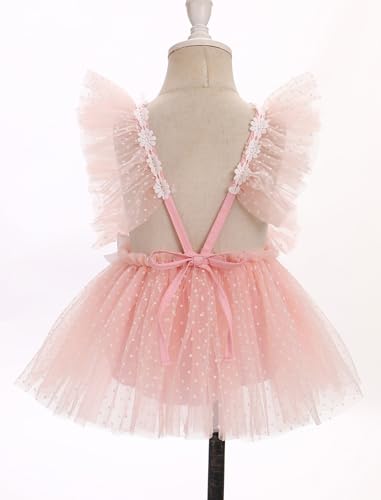 AWIBMK Baby Girl 1st Birthday Outfit Cake Smash Ruffle Sleeve V-Back Embroidery Flower Boho Lace Tulle Tutu Romper Dress3