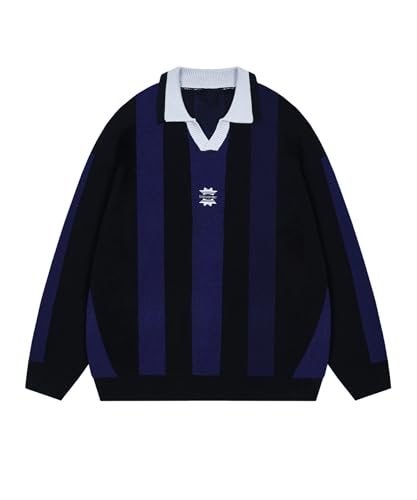 Vintage Polo Sweater Striped Oversized Colorblock Pullover Retro Long Sleeve Knit Top
