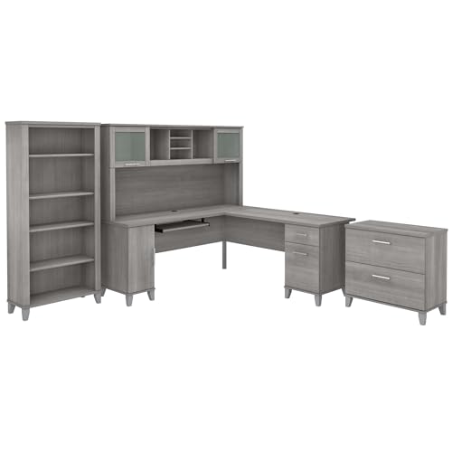 Bush Furniture Somerset 72W L Shaped Desk with Hutch, Lateral File Cabinet and Bookcase in Platinum Gray | Computer Table for Home Office