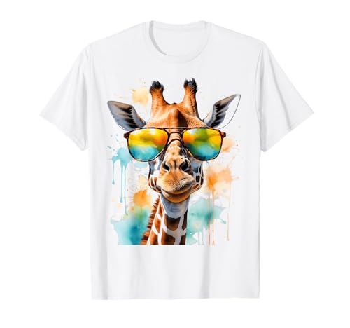 Wild Life Merch Giraffe Sonnenbrille Bunt Lustig Tier Aufdruck Design Print T-Shirt, Unisex, Weiß, S