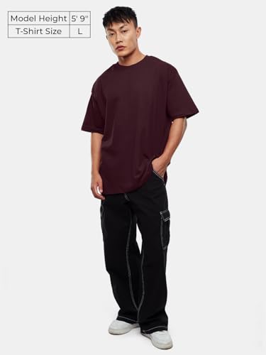 Image of The Souled Store Solids: Pomogranate Men and Boys Oversized Fit Half Sleeve Cotton Maroon Color Men Oversized T-Shirts