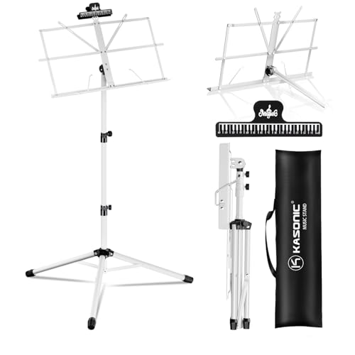 K Kasonic Ligero Atril para Partituras, Soporte de Partitura Plegable 2 en 1 con Clip, Soporte de Partituras Portátil con Bolsa, Trípode de Soporte de Partituras para Necesidades Musicales, Blanco
