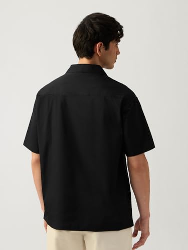 Image of The Souled Store: Seal Men and Boys Short Sleeve Cuban Collar Black Solid Polyester Casual Lightweight Drop Shoulder Streetwear Trendy Basic Oversized Shirt