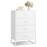 WLIVE White Wood Dresser for Bedroom with 4 Drawers, Tall Chest of Drawers with Sturdy Metal Frame for Living Room, Hallway, Closet